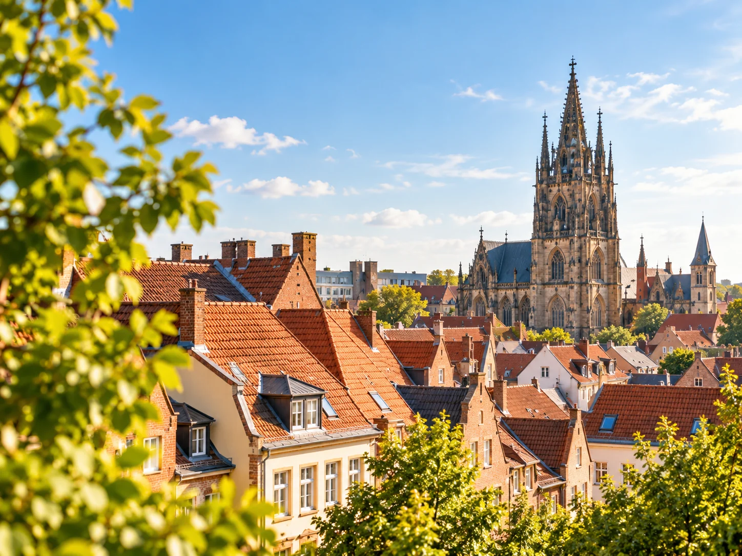 Blick über die Dächer von Münster mit gotischem Dom im Hintergrund
