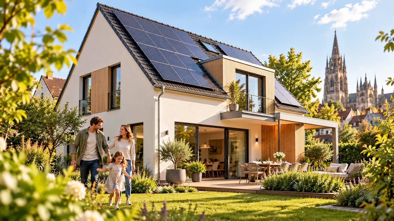 Familie vor einem modernen Haus mit Solaranlage