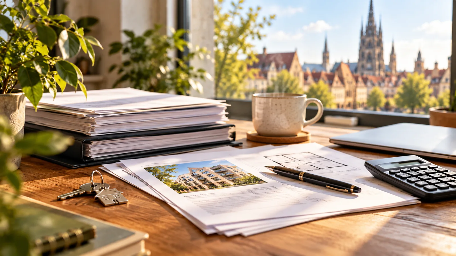 Finanzierungsunterlagen und Taschenrechner auf einem Schreibtisch