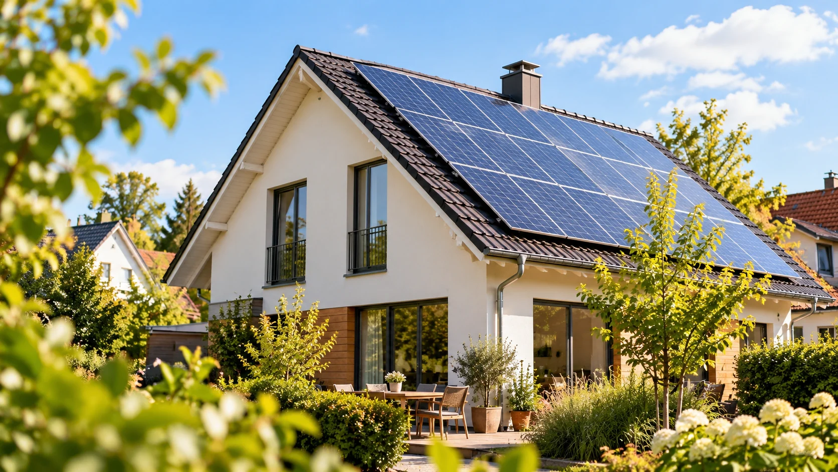 Modernes Wohnhaus mit Solaranlage als Motiv für energetische Sanierung